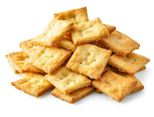A close-up shot of a small pile of square creme crackers stacked against a plain white background. The crackers are golden-brown with small holes on their surface.