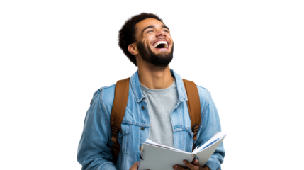Young Black man laughing heartily while holding a book and wearing a denim jacket, cut out transparent