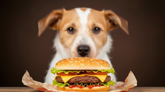 Cute Jack Russell dog stares longingly at a delicious cheeseburger.