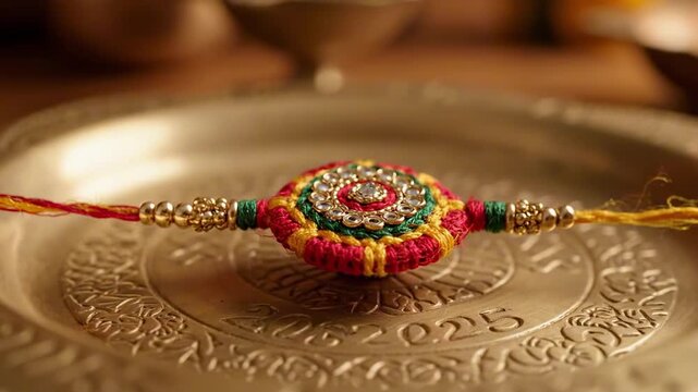 A beautifully crafted traditional rakhi adorned with colorful beads and threads, placed on an intricately designed silver plate, symbolizing love and protection during festive celebrations