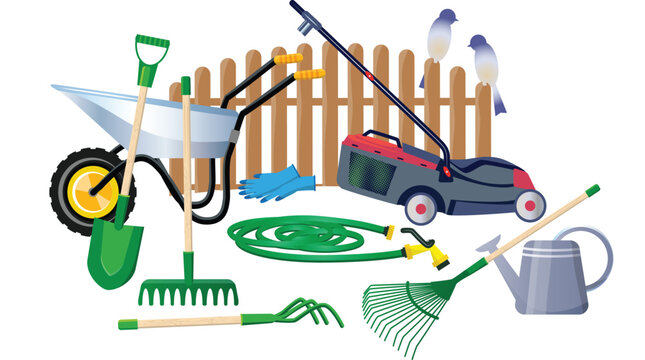 Cheerful Autumn Gardening Tools: Wheelbarrow, Lawnmower, Rake, Shovel, Hose, and Watering Can near Wooden Fence with Birds.