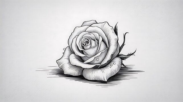 Detailed black and white sketch of a single blooming rose with delicate petals and shading