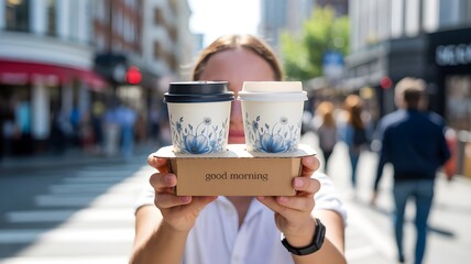Close up of a person holding two takeaway coffee cups in a cardboard carrier with a blurred city street background on a sunny day