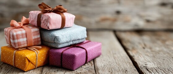Rustic Gift Boxes Stacked on Wooden Surface: A Charming Display of Assorted Presents in Warm Tones