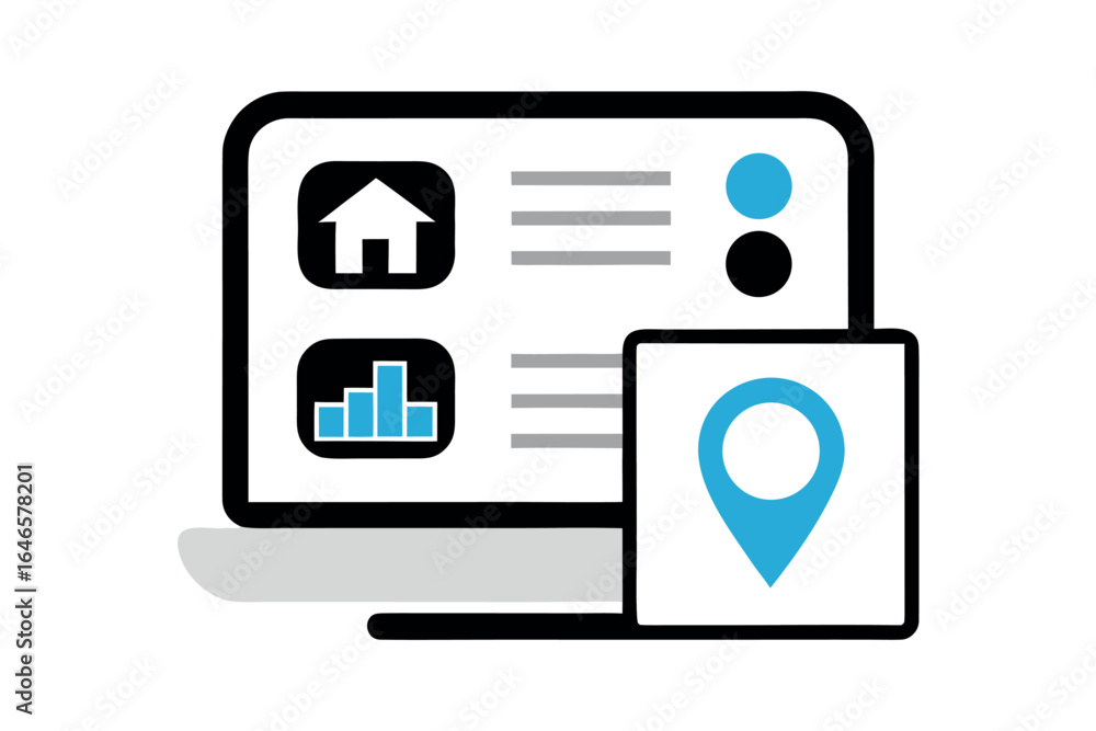 Aufkleber computer screen with real estate and analytics icons and location pin monitor display