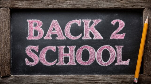 Back to School Blackboard: A rustic chalkboard display welcomes students with the phrase Back 2 School with a pencil in the frame.– Generative AI