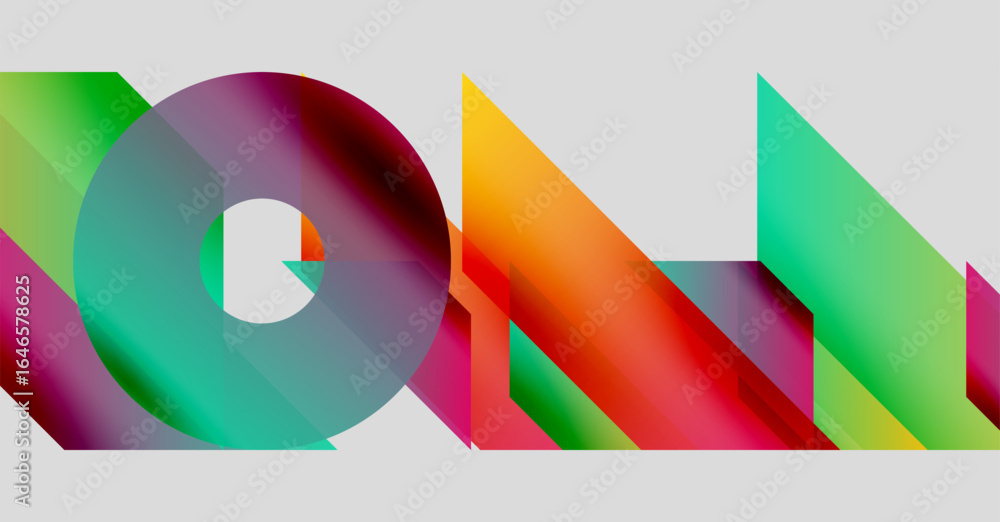 Poster abstract colorful shapes overlap, creating dynamic visual composition. gradients blend, forming mode