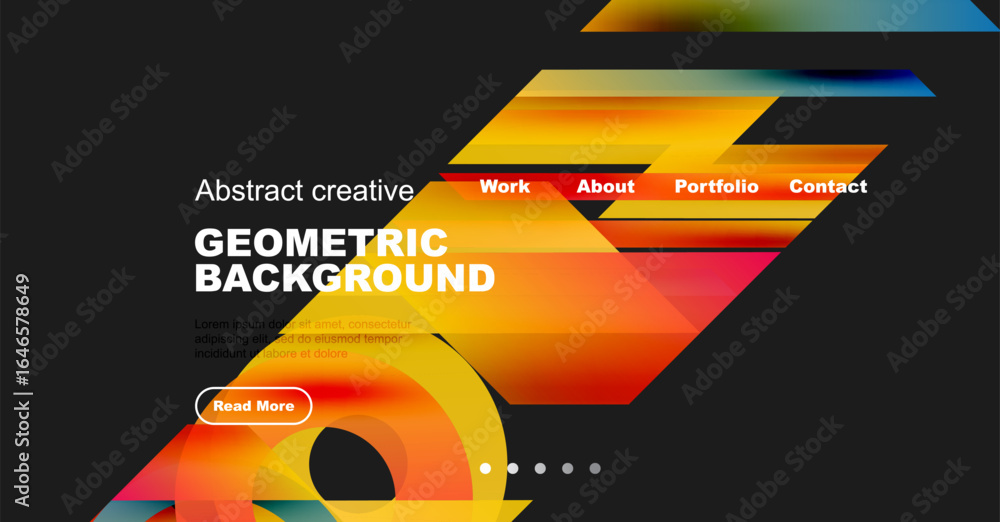 Poster abstract website header design. vibrant geometric shapes, text overlay, navigation menu present. mod