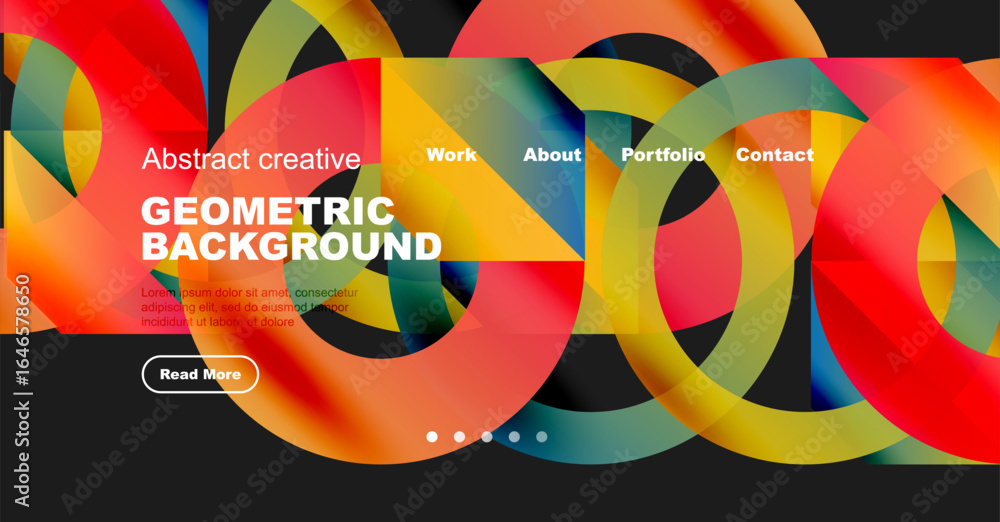 Poster vibrant geometric shapes create colorful background. website header includes navigation options, tex