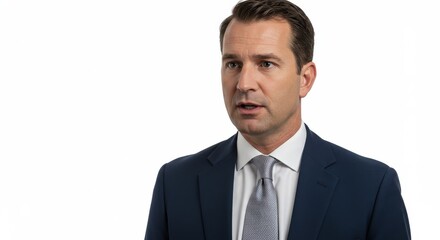 Businessman in Suit Speaking Isolated on White Background.