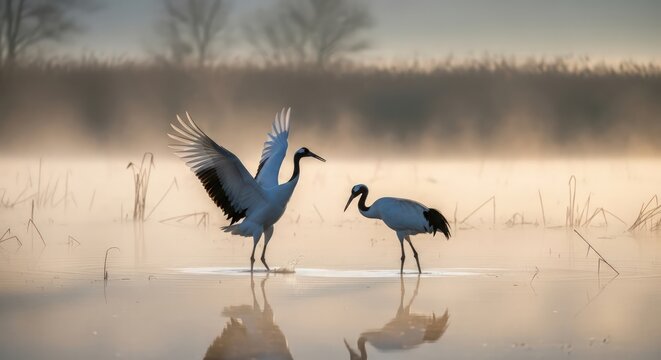 Elegant Red-Crowned Cranes Dancing in Misty Lake at Dawn, Hokkaido, Japan