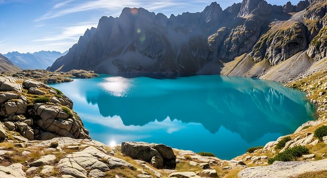 High-end panoramic view of mountain lake still turquoise water surrounded by steep rocky cliffs