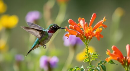 Ruby-throated Hummingbird Feeding on Trumpet Vine Flowers in a Vibrant Garden