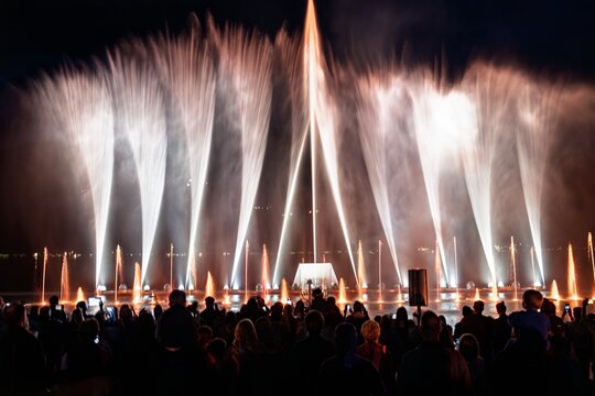 Fototapeta A stunning water fountain display captivates the night crowd. Vibrant streams of water rise high, illuminated by shimmering lights, creating an enchanting spectacle.