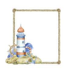 Sea frame with lighthouse and sea rope in beige and blue tones. Children's watercolor illustration.