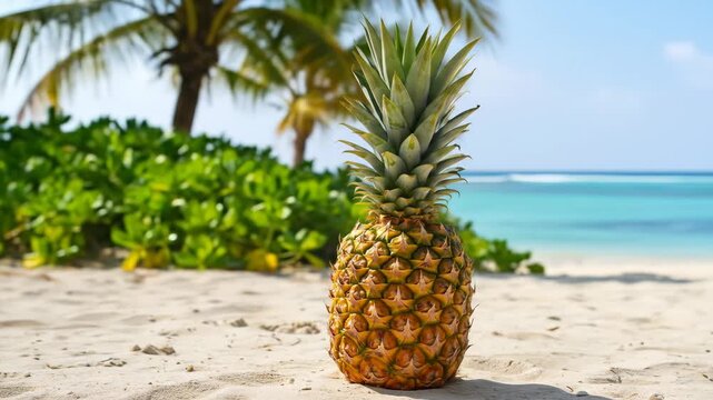Pineapple on a tropical beach with turquoise water and palm trees. Summer vibes.