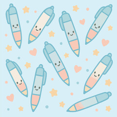 Cute Handdrawn Pattern of Kawaii Smiling Pen Character Stationery Illustration