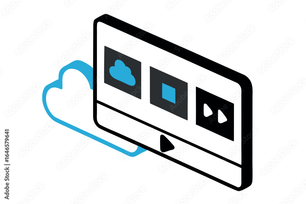 Aufkleber isometric view of a tablet displaying cloud storage icons and media player computer