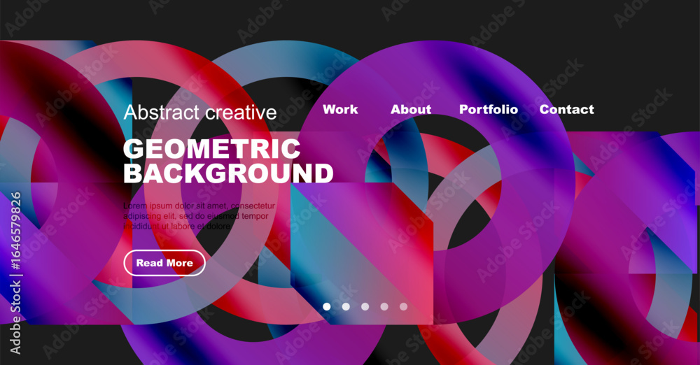 Poster abstract website design features vibrant geometric shapes, text overlay, navigation menu, plus read 
