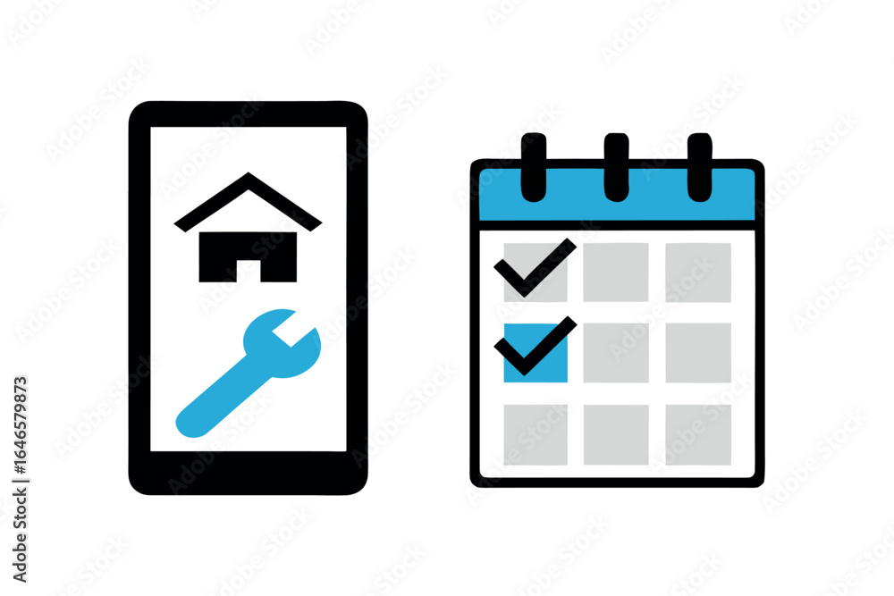 Poster smartphone with house and wrench icons next to a calendar with checkmarks mobile application