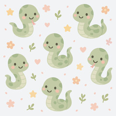 Naklejka premium Cute Cartoon Style Green Snake with Flowers Seamless Pattern