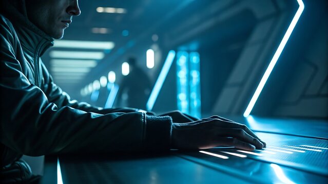 Person typing on futuristic console hands