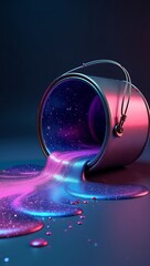 "Digital art of a tipped paint bucket spilling starry galaxy instead of paint, cosmic colors flowing like liquid"