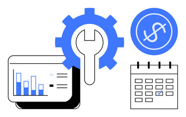 Bar chart, gear with wrench, dollar sign, and calendar communicate project planning, budgeting, productivity, and automation. Ideal for business, technology finance process development strategy