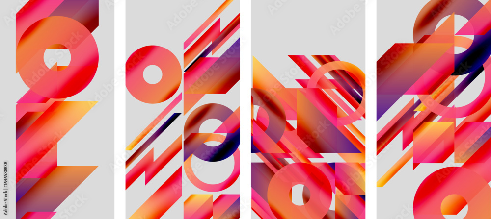 Poster abstract geometric composition. vivid colors blend, creating dynamic visual impact. panels suggest m