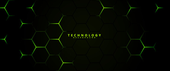 Futuristic hexagon technology background with glowing neon green edges on dark gradient, ideal for digital, gaming, and cyber design projects. © Mamank Mr