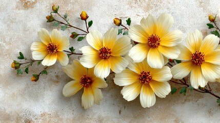 Naklejka premium Yellow Flowers on Textured Background: Elegant Floral Arrangement with Foliage and Buds