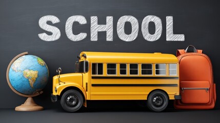 School Days Essentials: A classic yellow school bus, a globe, and a backpack are artfully arranged against a chalkboard background, symbolizing education, travel.– Generative AI
