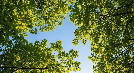 Fototapeta premium Looking up through green leaves at a bright blue sky