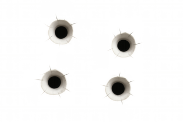 Transparent surface revealing four jagged bullet holes, piercing through material with dramatic lighting and sharp edges