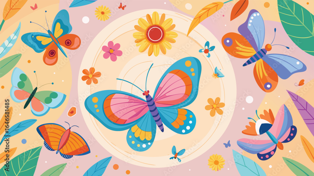 Poster a collection of vibrant butterfly vector illustrations, showcasing diverse colors and patterns on a 