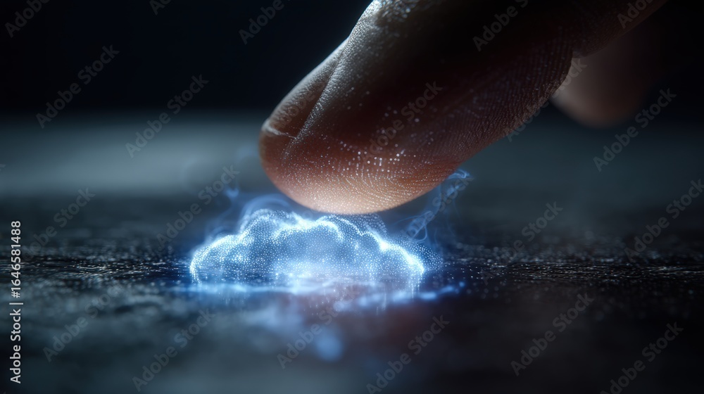 Fototapete touch of innovation: a fingertip interacts with a digital cloud, visualizing the modern interplay of