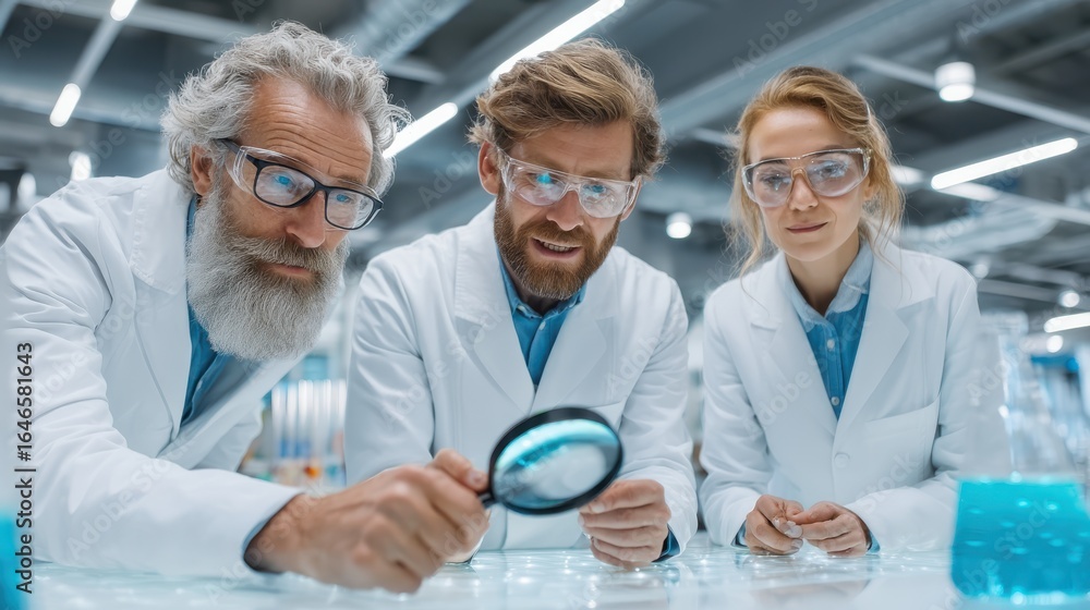 Poster three scientists in lab coats examine samples with a magnifying glass, showcasing curiosity and coll