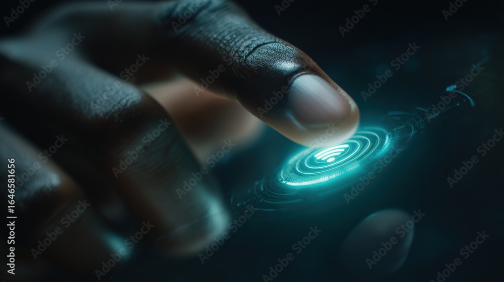 Fototapete digital access: a finger presses a glowing digital fingerprint scanner, a futuristic interface, high