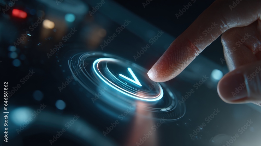 Poster digital approval: a close-up perspective showcases a finger poised to interact with a glowing digita