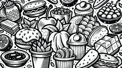 A detailed black and white illustration showcasing an assortment of food items, including fruits and vegetables..eps