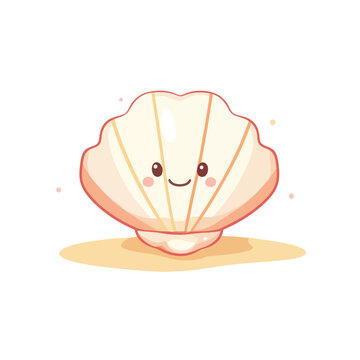 Adorable cartoon seashell with a sweet smile and blush on a sandy surface