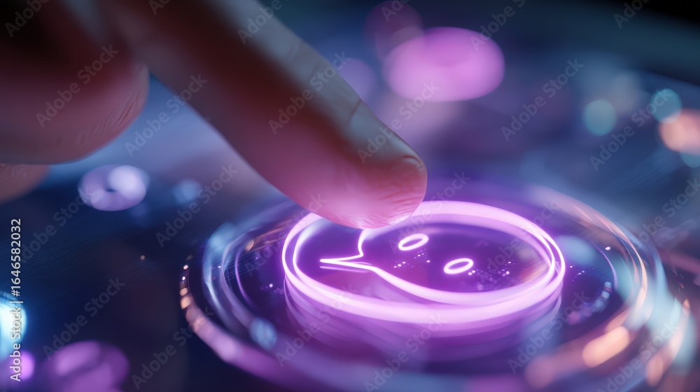 Poster glowing digital interface: a fingertip presses a glowing, stylized digital button, its light emanati