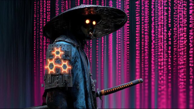 Cybernetic samurai in a wide-brimmed hat with a katana and neon patterns on armor stands against pink digital code
