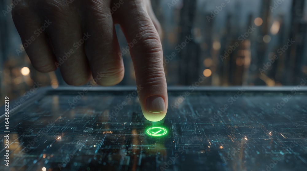 Fototapete digital touch: a close-up shot of a hand interacting with a glowing screen, activating a button. cap
