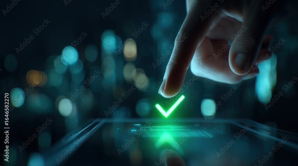 Poster touch of verification: a close-up shot showing a finger tapping a luminous checkmark symbol on a tab