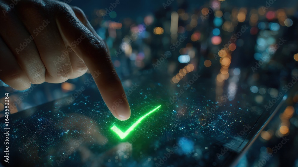 Poster digital touch. a close-up shot of a finger interacting with a digital screen, illuminating a vibrant