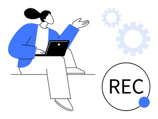 Woman working on a laptop, gesturing while recording. Gears symbolize productivity and connection. Ideal for technology, innovation, learning, creativity, teamwork remote work communication. Simple