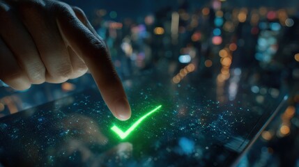 Digital Touch. A close-up shot of a finger interacting with a digital screen, illuminating a vibrant green checkmark, indicating success and completion in a cityscape setting.– Generative AI