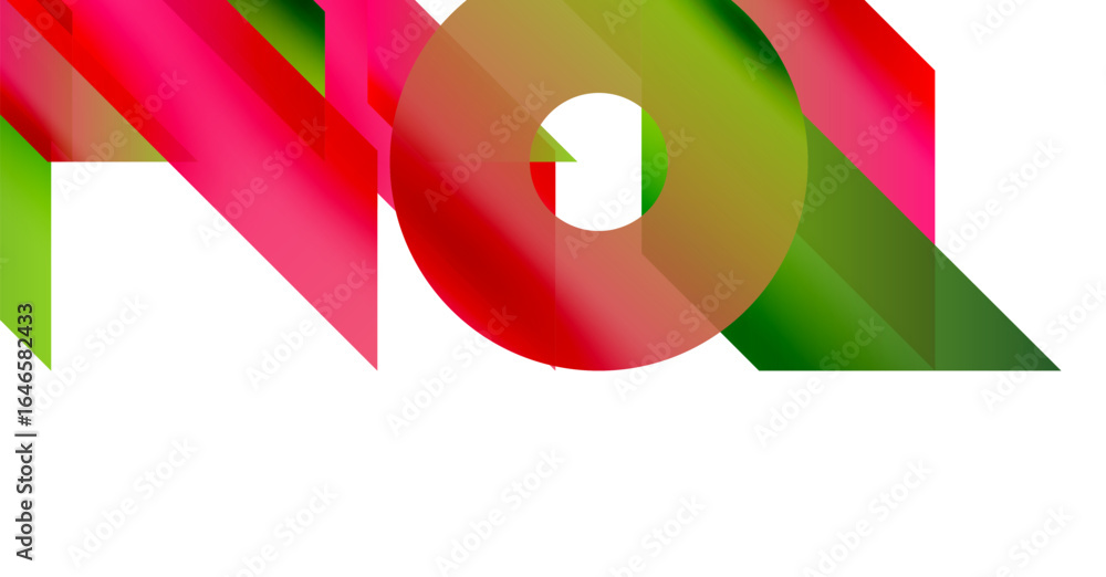 Aufkleber abstract design features vibrant colors, geometric shapes, overlapping layers. bold text spells no, 
