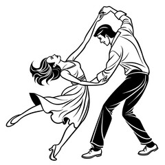Elegant continuous-line illustration of a salsa dancing couple in graceful motion, minimal black outline capturing rhythm and passion, vector EPS isolated